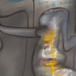Detail of an oil on canvas painting in grey, blue, black and yellow of abstracted figures interacting.