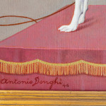 Detail of an oil painting of a dog trainer in a purple dress and two dogs. Surrounded by a circus-like scene with green curtains, ladder, hoop, ball and red platform with gold tassels. The detail shows the artist’s signature.