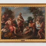 An oil painting depicting a story from Ovid's Metamorphoses, the Judgment of Midas. Pan, centre-right with goat legs, challenged the god of music, Apollo, centre-left, cloaked in red, to a musical competition. King Midas disagreed with Apollo as the winner, and so Apollo gave Midas donkey ears for his bad judgment.