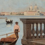 A detail of an oil painting depicting a scene of Venice with the lagoon gondolier and pigeons. Artwork details: Artist: Carlo Fornara. Artwork title: Venezia. Artwork date: c.1890-1900. Artwork medium: Oil on canvas. Artwork dimensions: 60 x 100 cm.