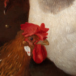 Painting of a rooster, some hens, a goose and a turkey
