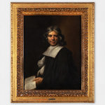 An oil painting on canvas of a male older figure with long grey hair dressed in black with a white collar and holding a book.
