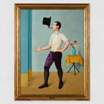 An oil painting of a Juggler balancing his hat. The figure stands in a blue room alongside a table and a vase of flowers.