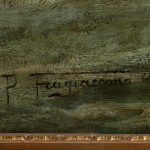 Detail of an oil painting of a sailing boat at the marina in rough waters. This detail shows the artist’s signature.