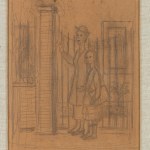 Pencil on paper study for the painting "The Visit". The work depicts two people at a gate.