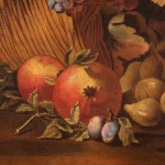 Detail of an oil on canvas painting of harvested fruit in baskets surrounded by grapevines and wooden barrels