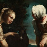 Detail depicting two shepherdesses talking to each other, one wearing a kerchief on her head and a red pearl necklace. The second shepherdess caresses a black goat.