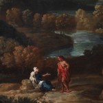 Detail of an oil painting of the Roman countryside landscape.