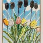 A watercolour painting of tulips and their shadows. The flowers are orange, white, pink and yellow, with green leaves against a blue background. The shadows are first rendered in black and layer more shadows in white.