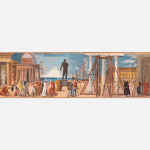 A tempera painting with a view of a port with a central sculpture, figures and architectural elements of classical inspiration.