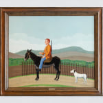 An oil painting of someone returning from work in the countryside on a donkey alongside a dog. The landscape shows rolling hills. The rider has red hair, an orange jacket, a white shirt and blue jeans. Around their body is a shotgun. The horse is black, and the dog is white and brown.