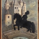 An oil painting of a person in a spiky silhouette riding a horse over a bridge towards a castle in the moonlight.