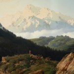 Painting depicting a mountain landscape.