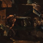 Detail of an oil painting of Satyrs on the maypole among ruins.