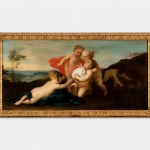 An oil painting of putti, the winged infants who either play the role of angelic spirits in religious artworks or act as instruments of profane love. They are often shown as associates of Cupid. They originated in Greek and Roman antiquity (the Latin word putus means little man). The putti seen here are playing with a rabbit.