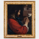 An oil painting of St. Mark sharpening a pen in a red and blue garment with a white undershirt.