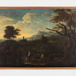 Pastoral landscape with figure, livestock, and distant town, sunset sky.
