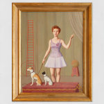 An oil painting of a dog trainer in a purple dress and two dogs. Surrounded by a circus-like scene with green curtains, ladder, hoop, ball and red platform with gold tassels.