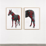 A mixed media diptych on canvas using UV print, acrylic, charcoal, graphite, and protective varnish. The first panel shows an image of a horse, and the second the back of a horse, both with red paint, acrylic, charcoal, and graphite applied to the surface.