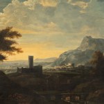 Pastoral landscape with figure, livestock, and distant town, sunset sky.