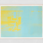 A silkscreen print of an electric chair in yellow and blue.