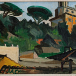 A detail of an oil painting of the Villa Medici in a Roman landscape.