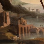 A framed painting depicting a coastal landscape with ruins and figures in the foreground.
