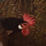 Painting of a still life with lute, carpet, dog, chickens and vase of flowers