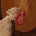 Painting of a still life with lute, carpet, dog, chickens and vase of flowers