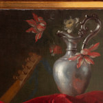Painting of a still life with lute, carpet, dog, chickens and vase of flowers