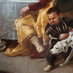 Detail of an oil painting of the rich man and Lazarus parable found in the gospel of Luke 16: 19–31. The painting depicts a rich man with empty plates, surrounded by servants after finishing his meal, while in the foreground is the beggar Lazarus.