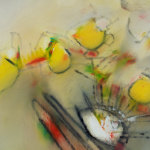 A detail of an oil painting in brown, grey, yellow, red, green and blue.