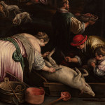 Detail of an oil painting of rural people preparing slaughtered animals for food.