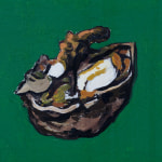 Detail of an oil painting of nuts and a bottle on a green and black background.