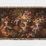 Oil on canvas painting of harvested fruit in baskets surrounded by grapevines and wooden barrels.