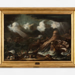 An oil painting of a fortification with storm and shipwreck.
