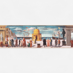 A tempera painting with a view of a port with a central temple, figures and architectural elements of classical inspiration.