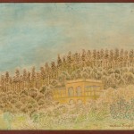 Watercolour pastel on paper of a house among trees. The work on paper is a study for the painting 'Villa al Faito'.