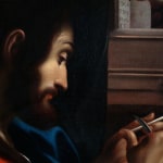 Detail of an oil painting of St. Mark sharpening a pen in a red and blue garment with a white undershirt.