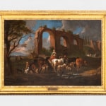 An oil painting of a landscape with figures and aqueducts.