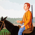Detail of an oil painting of someone returning from work in the countryside on a donkey alongside a dog. The landscape shows rolling hills. The rider has red hair, an orange jacket, a white shirt and blue jeans. Around their body is a shotgun. The horse is black, and the dog is white and brown.