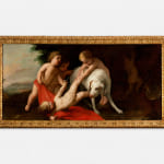 An oil painting of putti, the winged infants who either play the role of angelic spirits in religious artworks or act as instruments of profane love. They are often shown as associates of Cupid. They originated in Greek and Roman antiquity (the Latin word putus means little man). The putti seen here are playing with a dog.