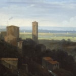 Detail of an oil painting of the Roman countryside landscape.