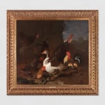 Painting of a rooster, some hens, a goose and a turkey