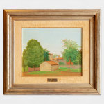 An oil painting of a Villa outside the city, surrounded by green leafy trees and a brick wall.