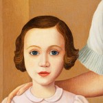 Detail of an oil painting of a portrait of a mother and daughter. In a hyper-realistic style, a mother dressed in light blue sits on a green cushioned stool alongside their daughter in pink against a beige background and green floral carpet.