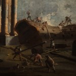 Detail of an oil painting of the demolition of an ancient, ruined portico. A group of figures can be seen dismantling the building alongside a dog.