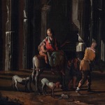 Detail of an oil painting of a landscape featuring figures beneath architectural ruins.