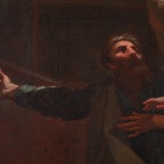 Detail of an oil painting of the biblical event the Trinity, three angels visiting Abraham at the Oak of Mamre (Genesis 18:1–8). Abraham, dressed in darker tones, kneels at the feet of the angels, draped in vibrant blue and gold. Artwork details: Artist: Antonio Balestra (copy). Artwork title: Abramo e la Trinità.