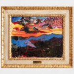 An oil painting of an abstract sunset in Velate in blue, orange, yellow, blue, red and black. Artwork details: Artist: Renato Guttuso. Artwork title: Tramonto a Velate. Artwork year: 1960. Artwork medium: Oil on canvas. Artwork dimensions: 40.1 x 50.3 cm.